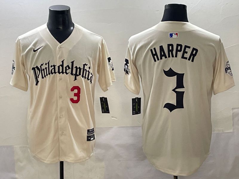 Men 2025 Philadelphia Phillies #3 Harper Cream Five generations Joint Name Nike MLB Jersey style 2